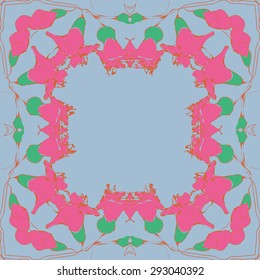Circular seamless  pattern of  floral garland, branches, waves,  spots, copy space. Hand drawn.