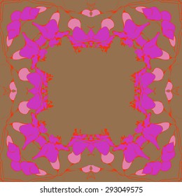 Circular seamless  pattern of  floral garland, branches, waves,  spots. Hand drawn.