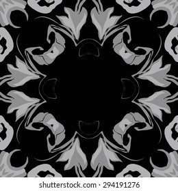 Circular seamless  pattern of floral garland, stylized flowers,  leaves, hole, ellipses, copy space. Hand drawn.