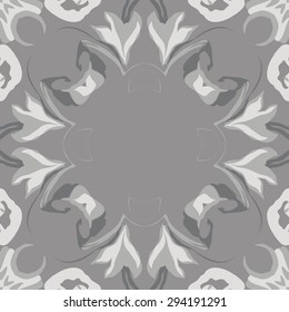 Circular seamless  pattern of floral garland, stylized flowers,  leaves, hole, ellipses, copy space. Hand drawn.