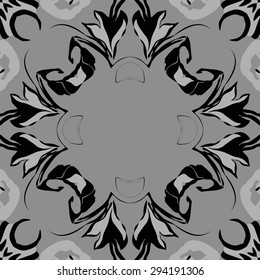 Circular seamless  pattern of floral garland, stylized flowers,  leaves, hole, ellipses, copy space. Hand drawn.