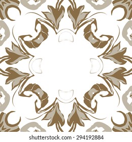 Circular seamless  pattern of floral garland, stylized flowers,  leaves, hole, ellipses, copy space. Hand drawn.