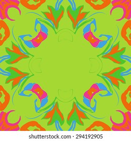 Circular seamless  pattern of floral garland, stylized flowers,  leaves, hole, ellipses, copy space. Hand drawn.