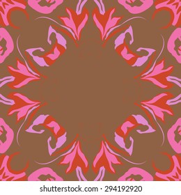 Circular seamless  pattern of floral garland, stylized flowers,  leaves, hole, ellipses, copy space. Hand drawn.
