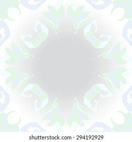 Circular seamless  pattern of floral garland, stylized flowers,  leaves, hole, ellipses, copy space. Hand drawn.