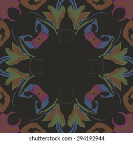 Circular seamless  pattern of floral garland, stylized flowers,  leaves, hole, ellipses, copy space. Hand drawn.