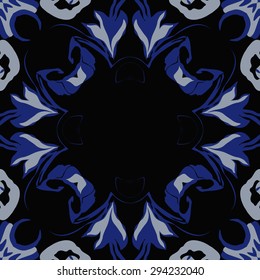 Circular seamless  pattern of floral garland, stylized flowers,  leaves, hole, ellipses, copy space. Hand drawn.