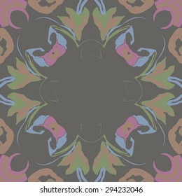 Circular seamless  pattern of floral garland, stylized flowers,  leaves, hole, ellipses, copy space. Hand drawn.