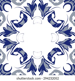 Circular seamless  pattern of floral garland, stylized flowers,  leaves, hole, ellipses, copy space. Hand drawn.