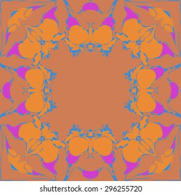 Circular seamless  pattern of  floral garland, branches, waves,  spots, copy space. Hand drawn.