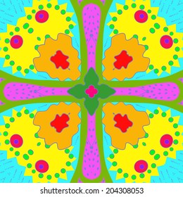 Circular seamless pattern of floral motif  in a contrast colors on a multicolored background.