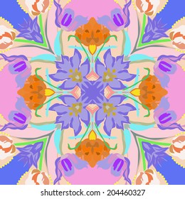 Circular seamless pattern of  floral motif with tulips and leaves on a multicolored background.