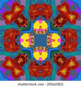 Circular  seamless  pattern of  floral  motif and red tulips on a blue  background.