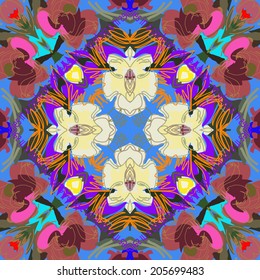 Circular   seamless  pattern of floral motif, leaves and text   on a blue background.