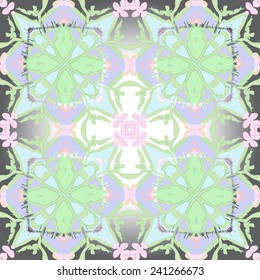 Circular seamless  pattern of floral motif, branches,  text on a gradient gray background. Hand drawn.
