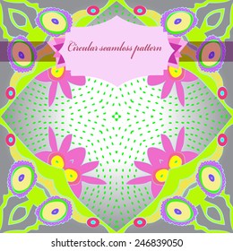 Circular seamless pattern of floral motif, pink flowers, label on a gradient gray  background. Hand drawn.