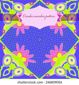 Circular seamless pattern of floral motif, pink flowers, label on a blue background. Hand drawn.
