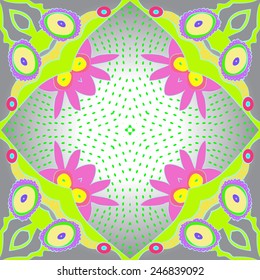 Circular seamless pattern of floral motif, pink flowers  on a gradient gray  background. Hand drawn.