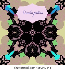 Circular seamless pattern of floral motif, label on a black  background. Hand drawn. 