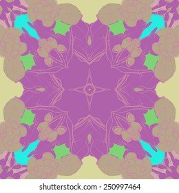 Circular seamless pattern of floral motif on a pale pink background. Hand drawn. 