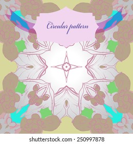 Circular seamless pattern of floral motif, label on a gradient gray  background. Hand drawn. 