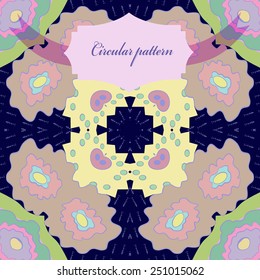 Circular seamless pattern of floral motif, label on a dark blue  background. Hand drawn. 