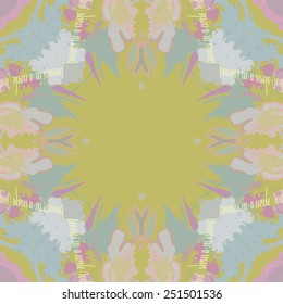 Circular seamless pattern of  floral motif, text   on a  pale  yellow background. Hand drawn.