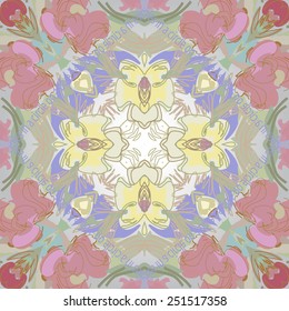 Circular seamless pattern of  floral motif, text  on a gradient gray  background. Hand drawn.