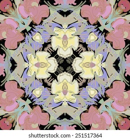 Circular seamless pattern of  floral motif, text  on a black background. Hand drawn.