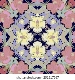 Circular seamless pattern of  floral motif, text  on a dark blue background. Hand drawn.
