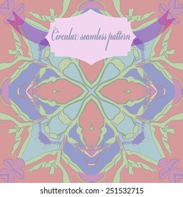 Circular seamless pattern of  floral motif, text, label  on a pale rosy background. Hand drawn.