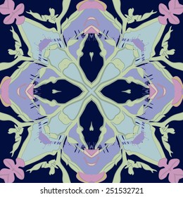 Circular seamless pattern of  floral motif, text  on a dark blue   background. Hand drawn.
