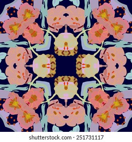 Circular seamless pattern of  floral motif on a  dark blue   background. Hand drawn.