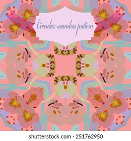 Circular seamless pattern of  floral motif, label   on a  light rosy  background. Hand drawn.