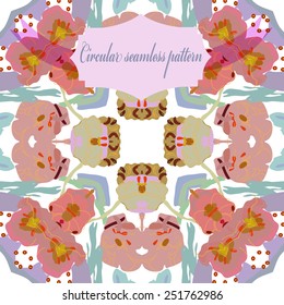 Circular seamless pattern of  floral motif, label   on a  white   background. Hand drawn.