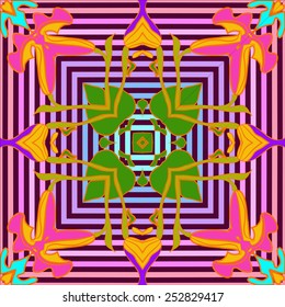 Circular seamless pattern of floral motif  on a  dark pink   striped background. Hand drawn.
