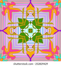Circular seamless pattern of floral motif  on a  gradient gray   striped background. Hand drawn.