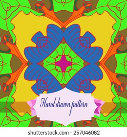 Circular seamless pattern of floral motif, label on a bright green background. Hand drawn.