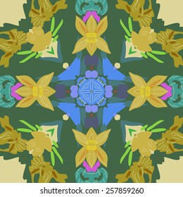 Circular seamless pattern of floral motif on a pale yellow    background. Hand drawn.