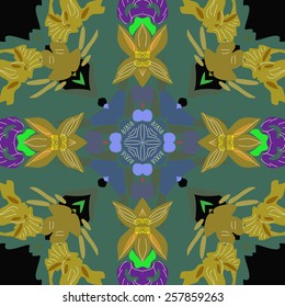 Circular seamless pattern of floral motif on a  black   background. Hand drawn.