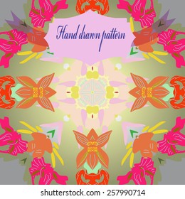 Circular seamless pattern of floral motif, label on a  gradient gray   background. Hand drawn.