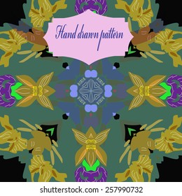Circular seamless pattern of floral motif, label on a  black   background. Hand drawn.