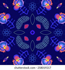 Circular seamless pattern of floral motif on a dark blue   background. Handmade.