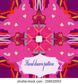 Circular seamless pattern of floral motif, label on a dark pink   background. Hand drawn.