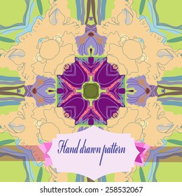 Circular seamless pattern of floral motif, label on a light green   background. Hand drawn.