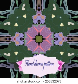 Circular seamless pattern of floral motif, label on a  black  background. Hand drawn.
