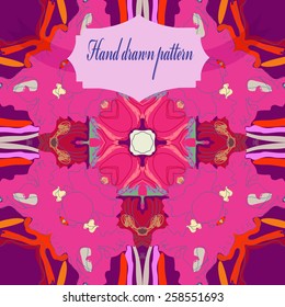 Circular seamless pattern of floral motif, label on a  background. Hand drawn.