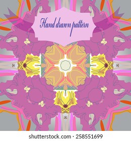 Circular seamless pattern of floral motif, label on a  background. Hand drawn.