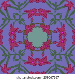 Circular seamless pattern of floral motif, colored branches, flowers on a background. Hand drawn.