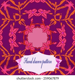 Circular seamless pattern of floral motif, colored branches, flowers, label on a background. Hand drawn.